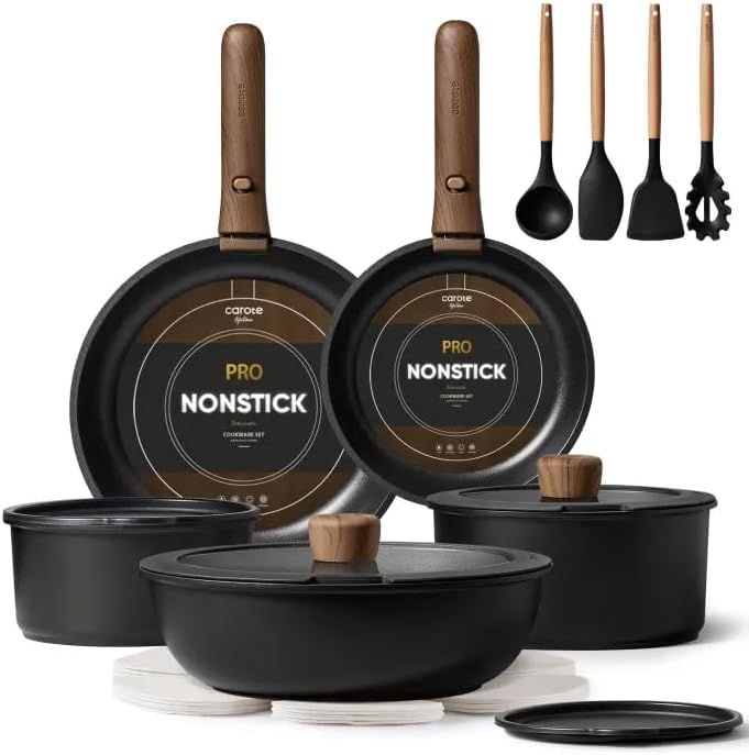 CAROTE 19 قطعة من الأواني والمقالي غير اللاصقة، مجموعات أواني الطهي بمقابض قابلة للفصل، أواني ومقالي المطبخ للطبخ بالحث، مجموعة طهي غير لاصقة، آمنة للاستخدام في الفرن/غسالة الصحون/الثلاجة، موفرة للمساحة - Image 1